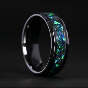 Handmade black ceramic emerald, opal, and glowstone engagement/promise ring